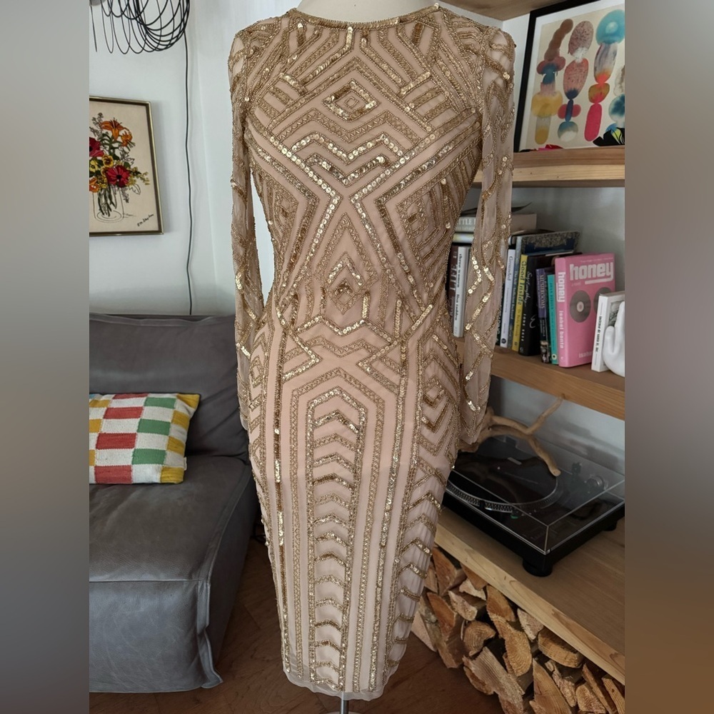 Gianni Bini Champagne Gold Geometric Long Sleeve Sequin and Beaded Dress - Picture 4 of 11